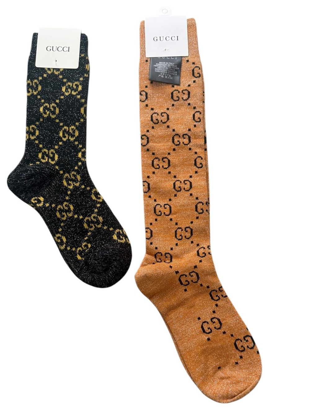 2 Pair Gucci Outlet GG Monogram Socks. 1 Knee High & 1 Crew